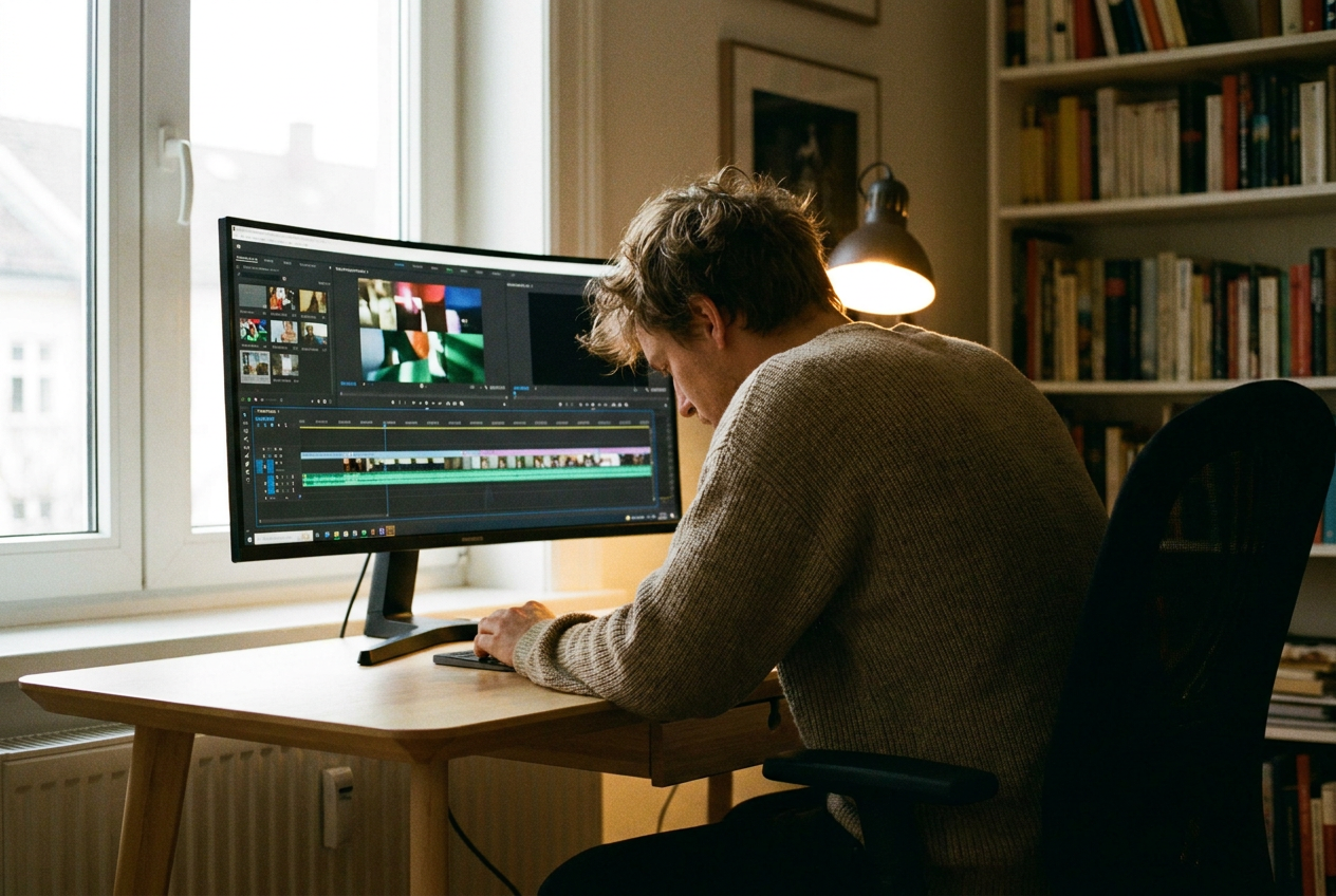 alt text for accessibility: A musician reviewing multiple AI-generated video clips on a large monitor showing a futuristic dashboard interface
