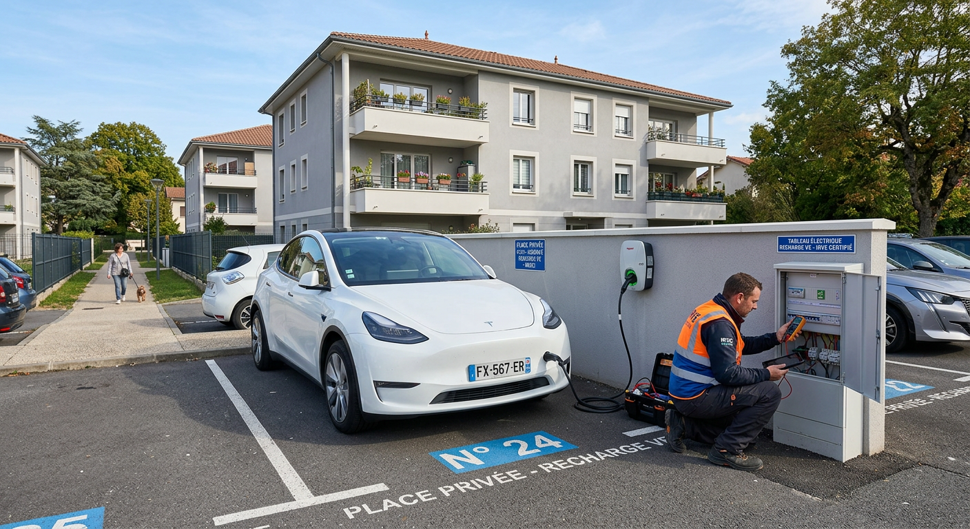 Borne de recharge électrique en copropriété avec un installateur IRVE vérifiant le raccordement au tableau électrique
