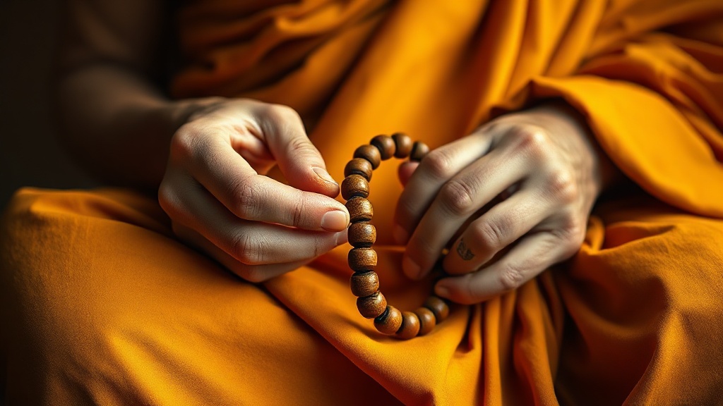 Mains tenant un mala tibétain traditionnel, outil de récitation des mantras dans la pratique bouddhiste