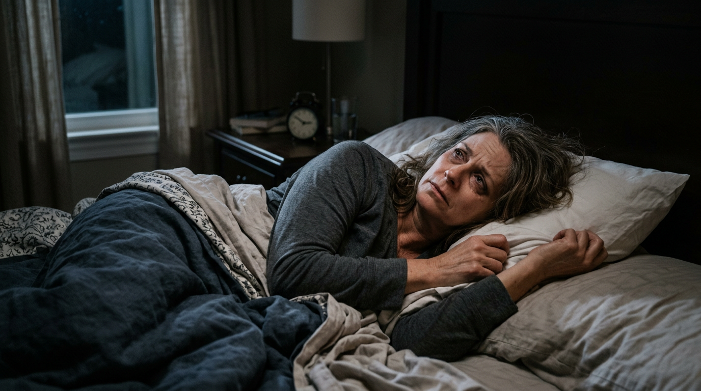 Person lying awake at 3am with signs of discomfort and restlessness