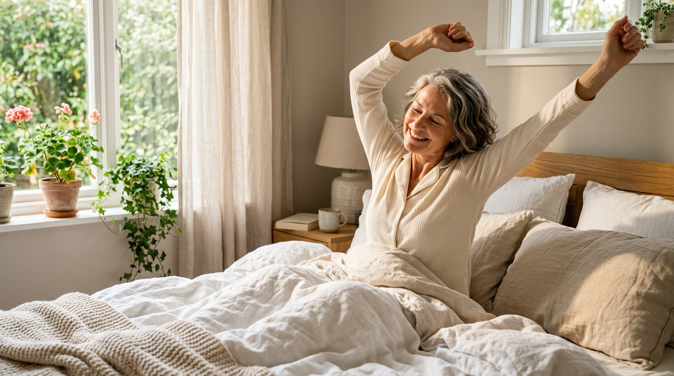 Person waking up refreshed and comfortable in the morning, relaxed and at ease