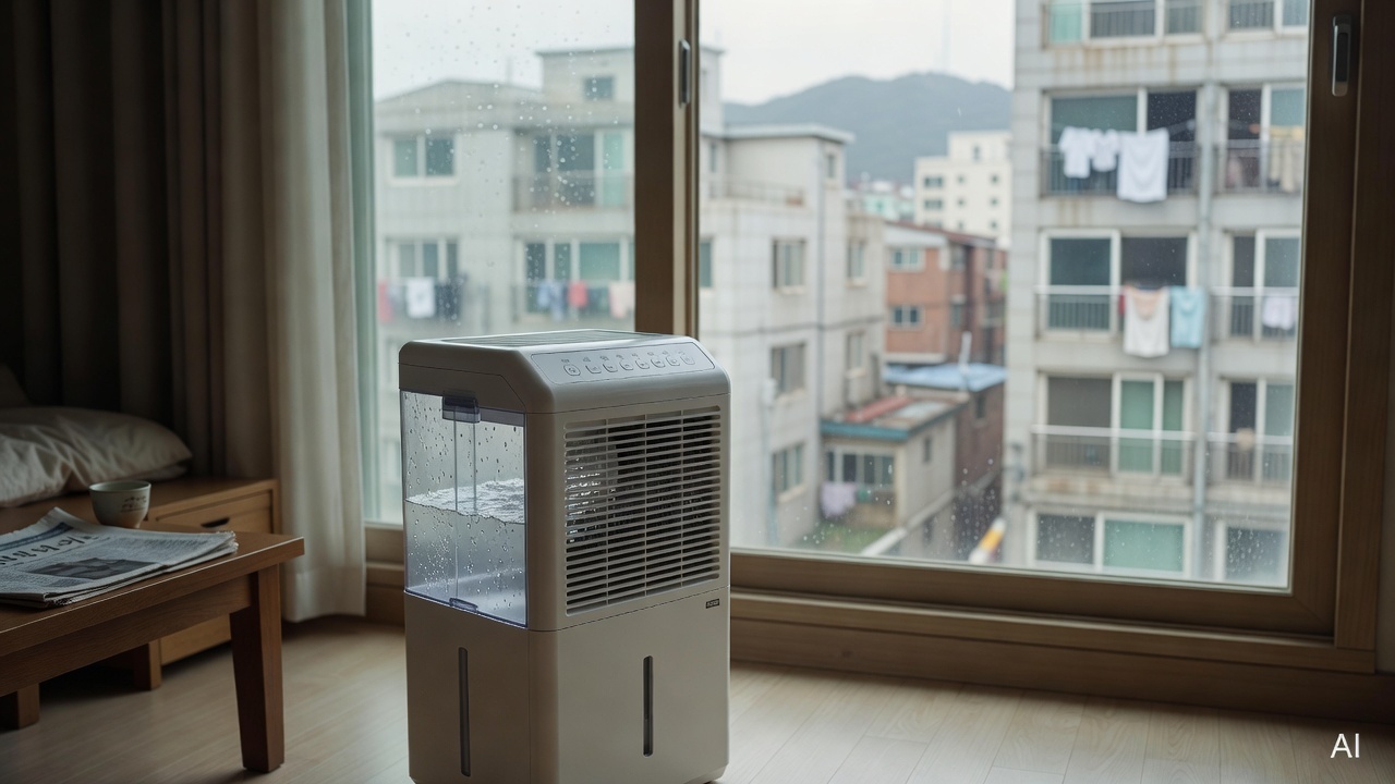 dehumidifier collecting water in a humid Korean apartment room