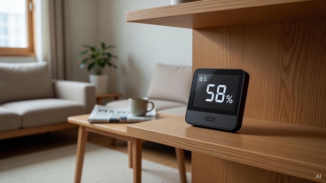 digital hygrometer displaying humidity percentage placed on wooden shelf in living room