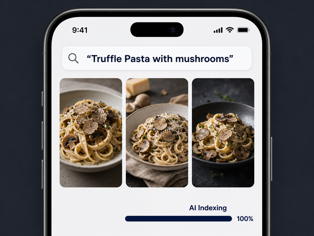 A mobile interface demonstration showing a search for truffle pasta in a photo library with AI indexing indicators and high-quality dish results.