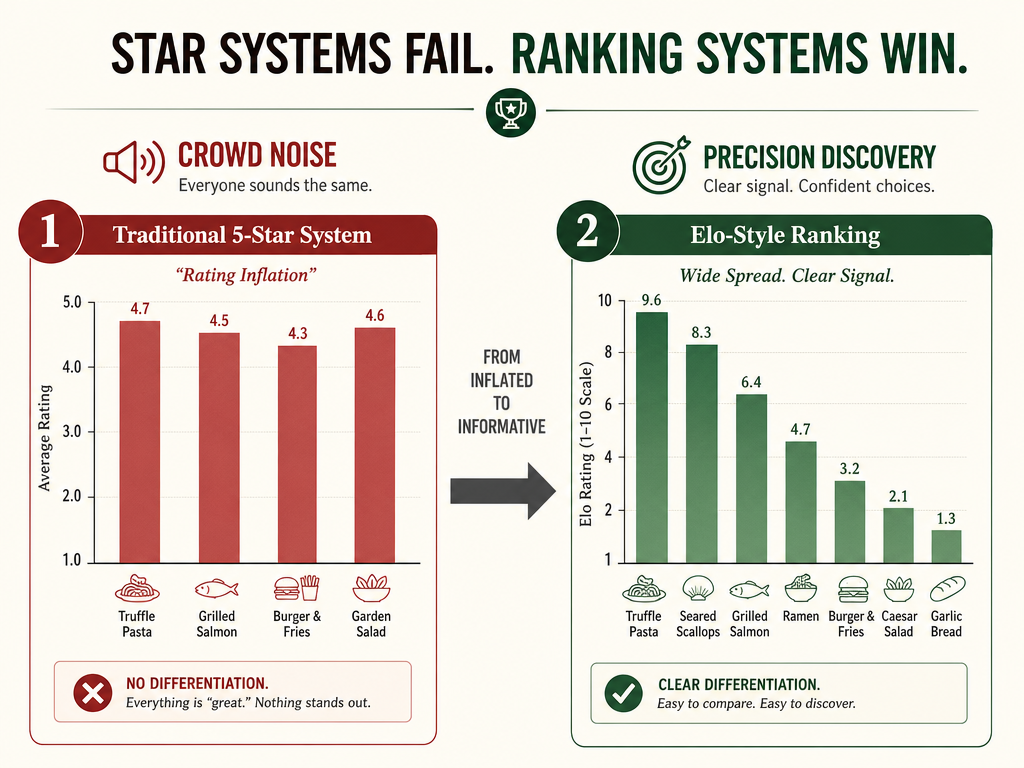 A comparison chart showing how traditional 5-star ratings result in inflation versus the high-variance differentiation provided by Elo-style ranking systems.
