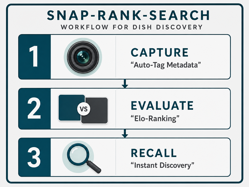 A workflow diagram titled Snap-Rank-Search showing the three steps of capturing dish data, ranking it relatively, and using search for instant recall.