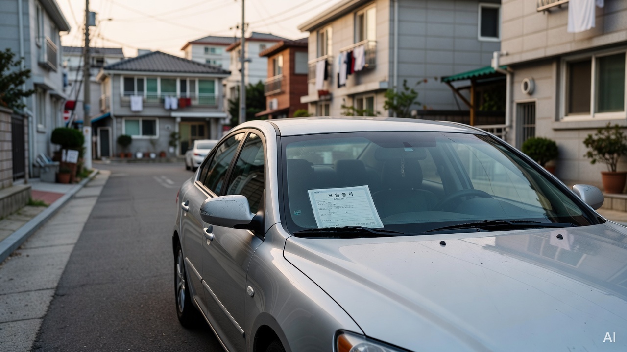 car parked in a quiet residential area with insurance document on dashboard