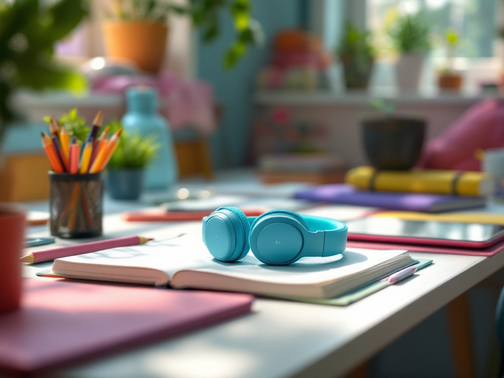Acer Kids Headphones on a child's study desk with books, notebook, and tablet in a bedroom setting