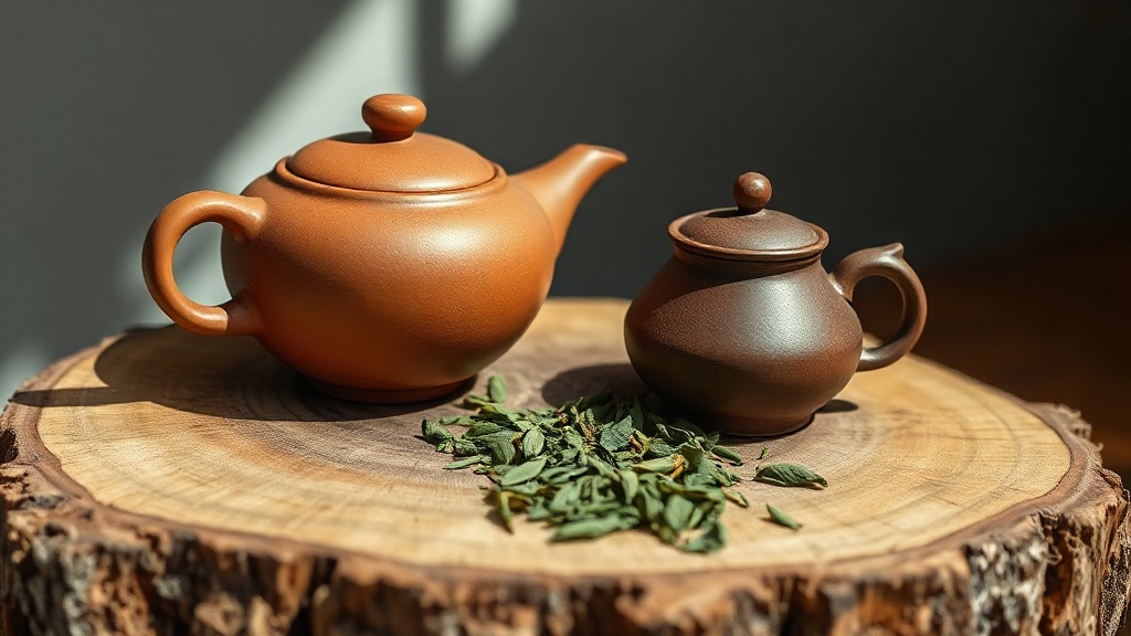 Théière kyusu japonaise et théière Yixing en argile côte à côte sur une planche en bois avec des feuilles de thé vert