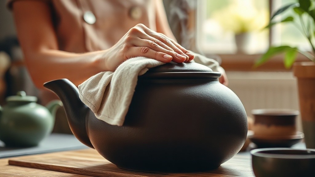 Mains essuyant une théière en terre cuite encore chaude avec un chiffon doux en coton