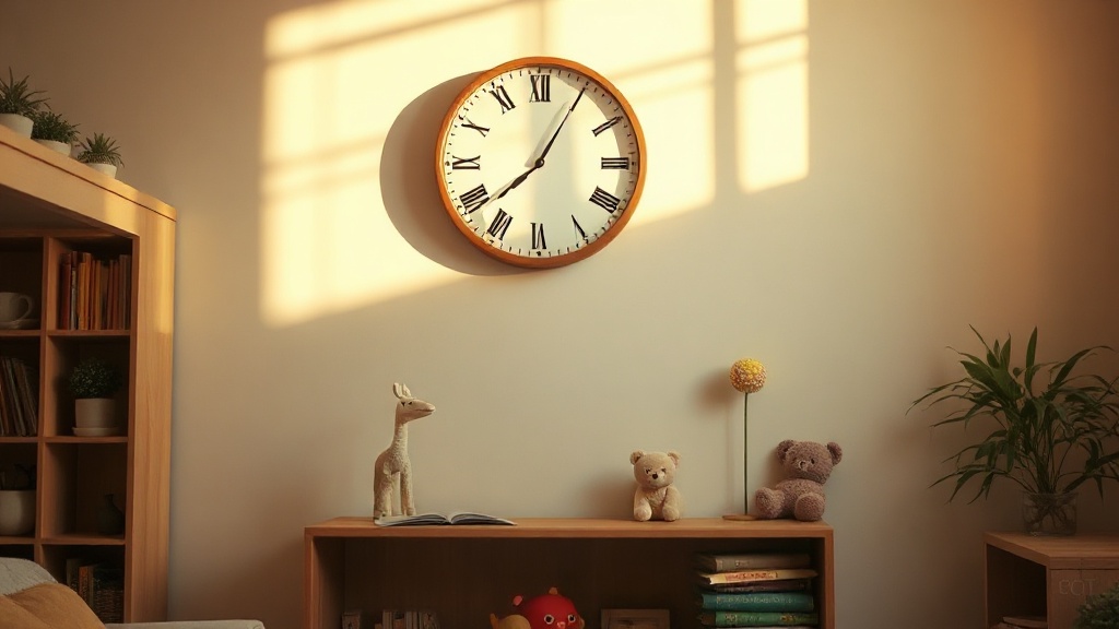 Wooden wall clock mounted at height in a family living room with toys and bookshelves below