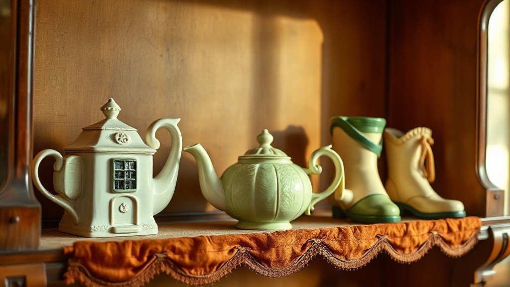 Collection de théières victoriennes fantaisie en porcelaine : chaumière, chou, botte
