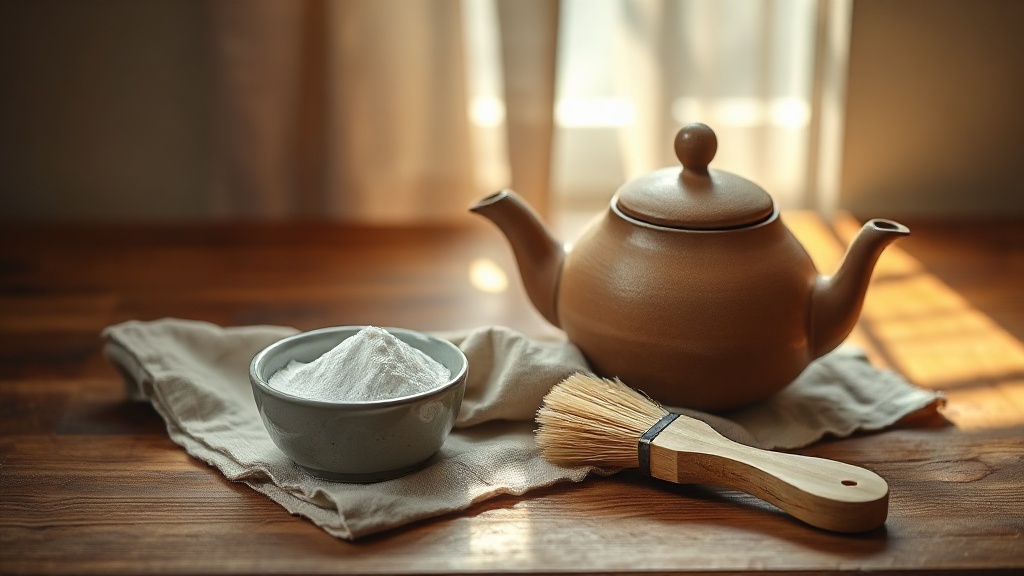 Théière en terre cuite non émaillée posée à côté d'un bol de bicarbonate de soude et d'une brosse douce