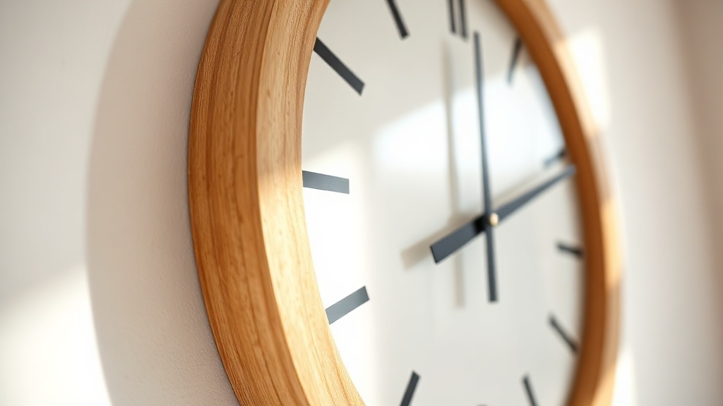 Close-up of a solid wood wall clock mounted on a white wall, showing natural wood grain texture