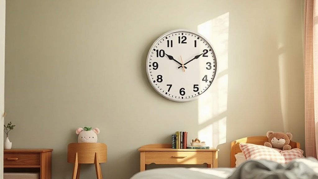 Analog wall clock with white dial and Arabic numerals mounted in a children's bedroom with sage green walls