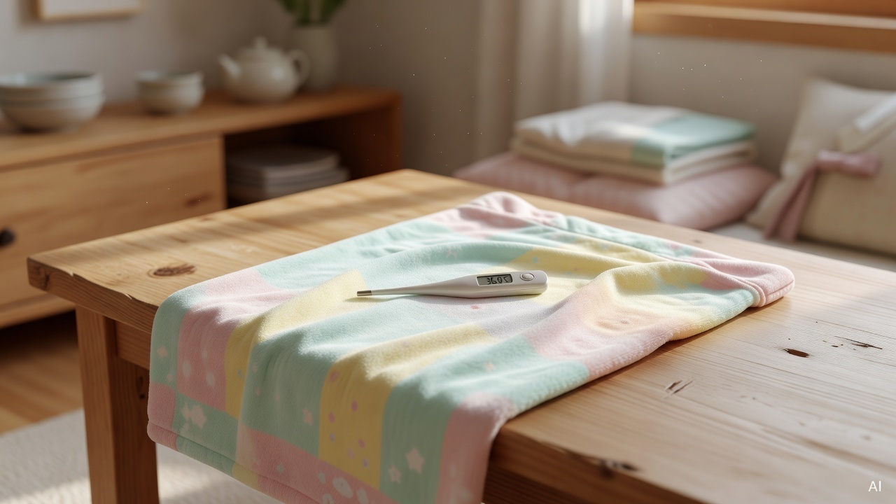 digital thermometer placed on a soft pastel-colored baby blanket on a wooden table