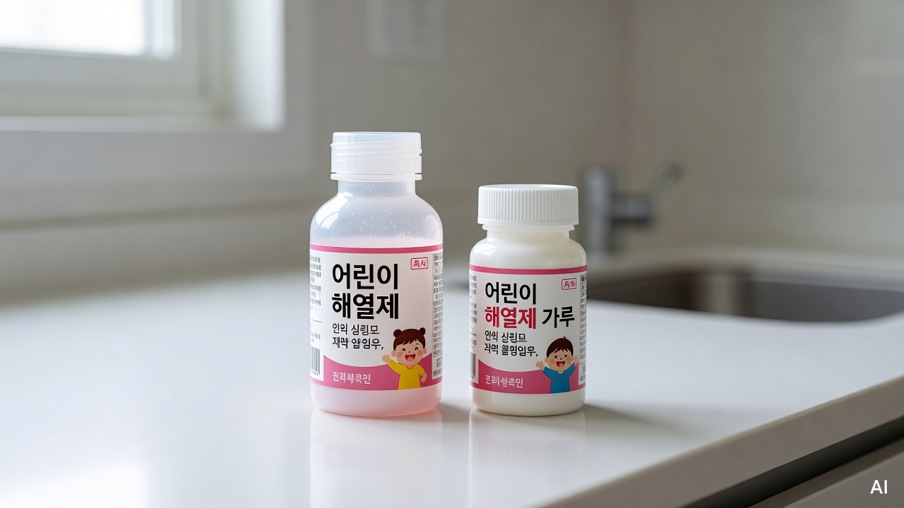 two different children's fever medicine bottles on a clean white kitchen counter