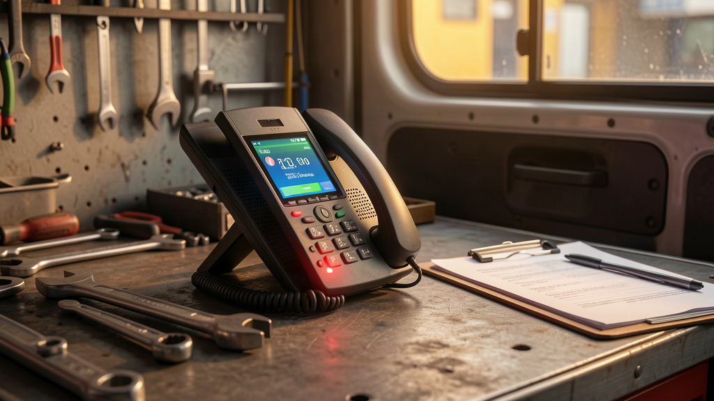 A technician's work phone ringing on a tool bench inside a service van, a red indicator light glowing, a wrench and clipboard resting nearby