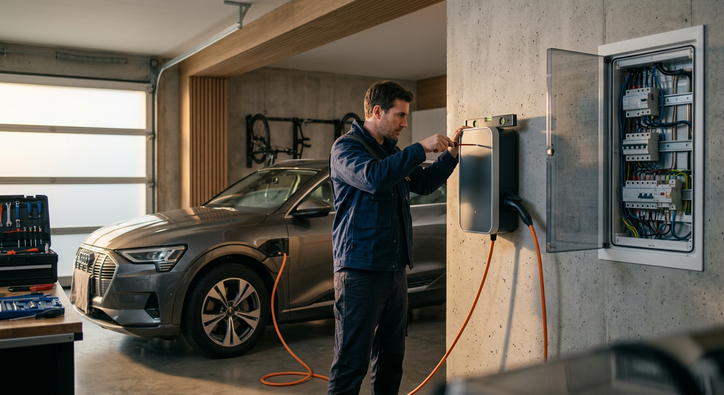 Installateur IRVE ajustant une borne de recharge murale pour voiture électrique dans un garage résidentiel moderne en France