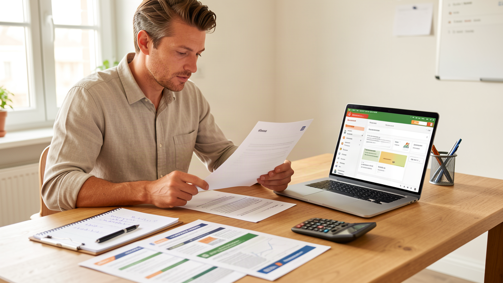 Un dirigeant e-commerce examine des propositions d'agence digitale avec une checklist d'evaluation sur sa table de travail