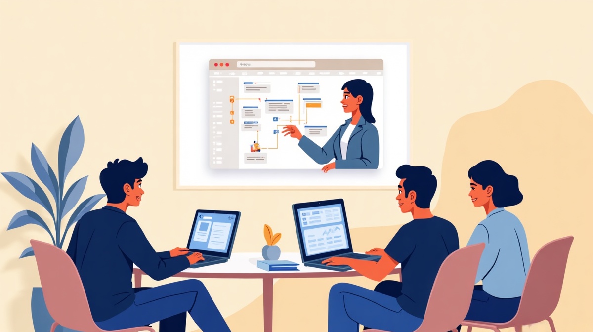 Mentor formant deux collègues au No Code sur un ordinateur portable dans un bureau moderne