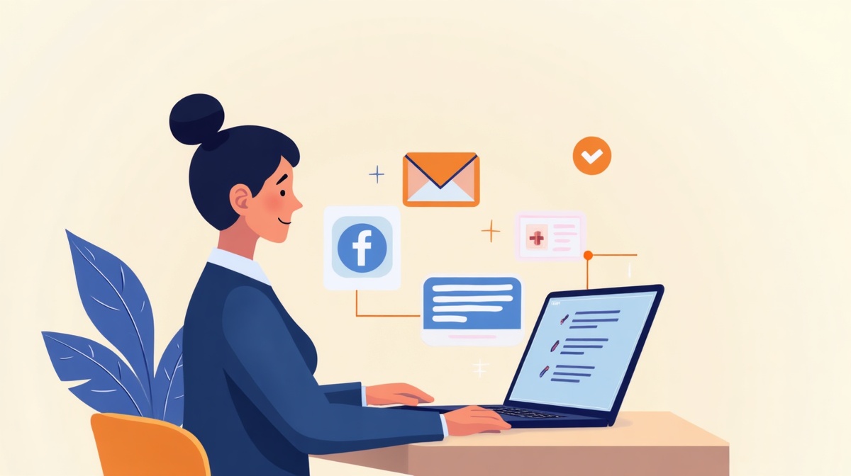 Dirigeant de TPE devant un ordinateur avec une IA générant contenus mails, posts et pages web