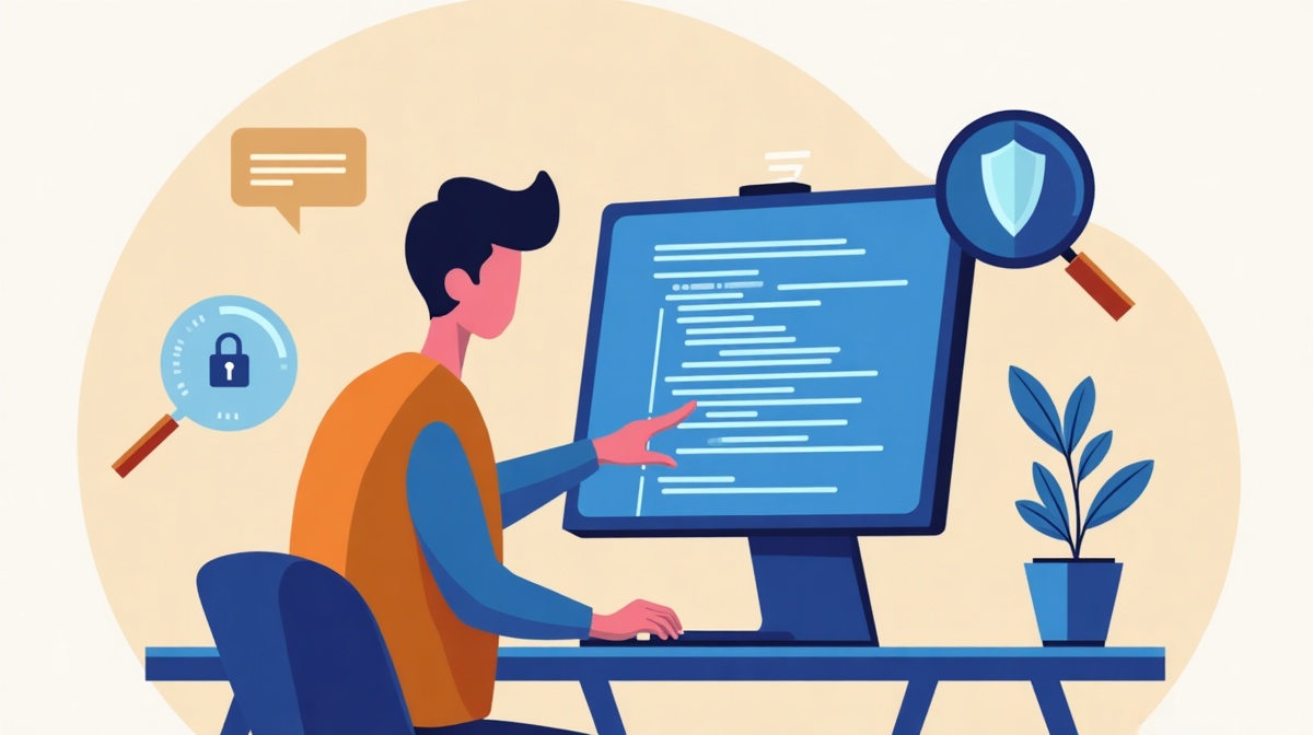 Développeur relisant du code avec une IA qui surligne des problèmes de sécurité