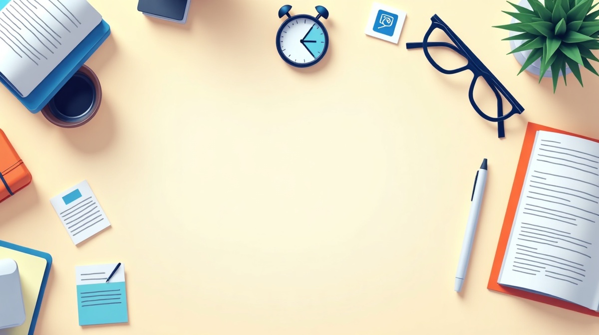 Bureau vu de dessus avec horloge et icônes de tâches quotidiennes automatisées par l'IA