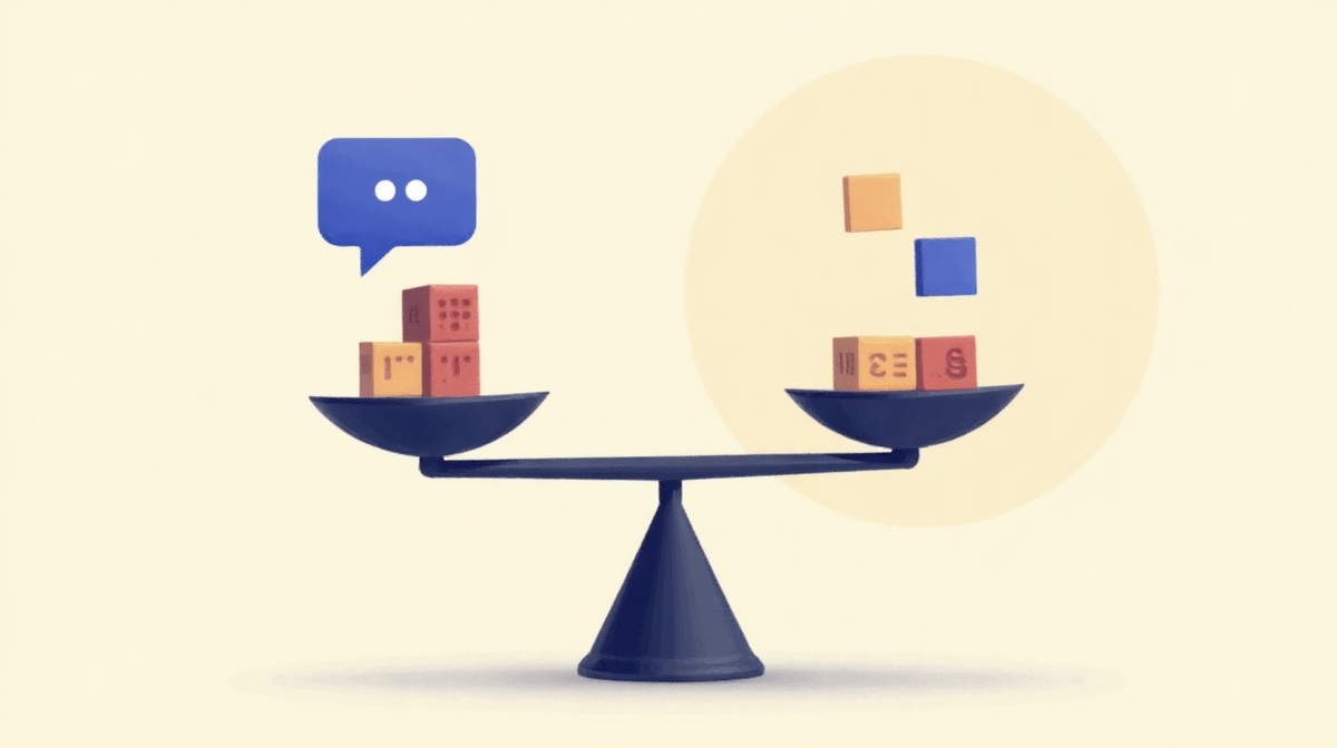 Balance comparant une icône d'IA et des blocs No Code, illustration de l'évolution des outils