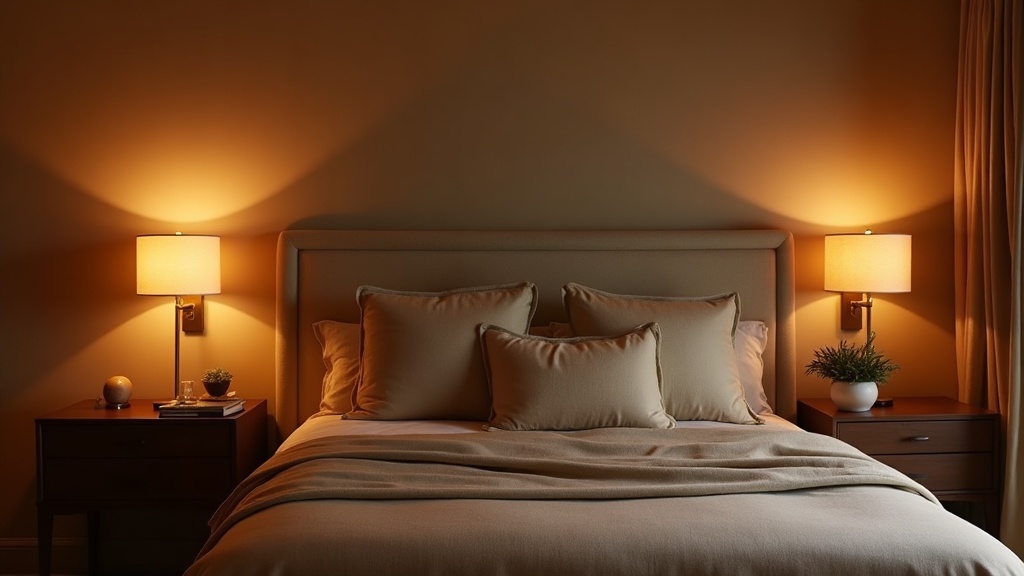 Pair of antique brass wall sconces flanking an upholstered bed in a warm contemporary Indian master bedroom at dusk