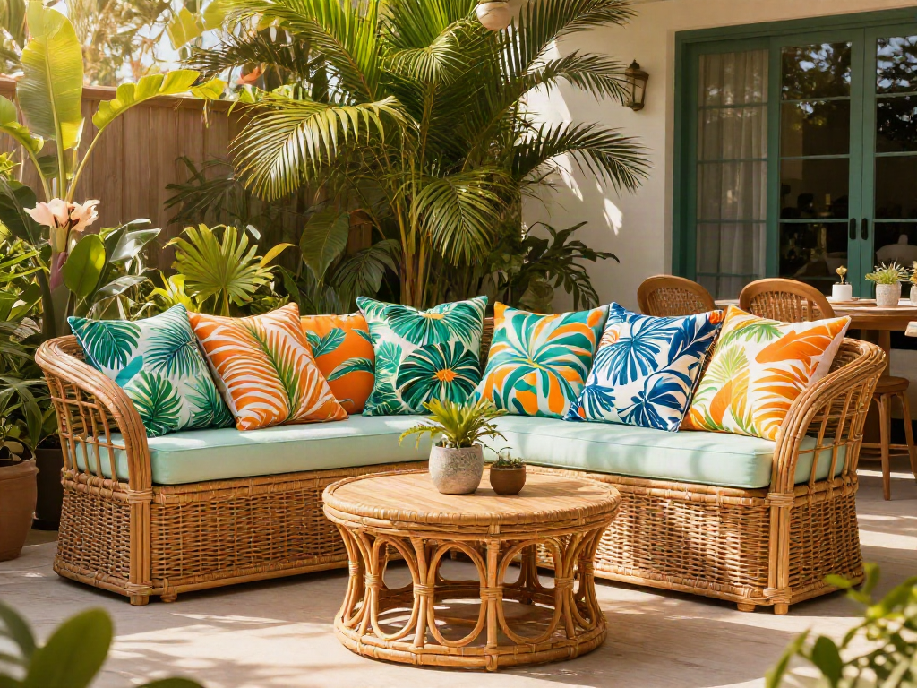 Summer home decor with bright tropical cushions, rattan furniture, vibrant outdoor seating, and tropical plants
