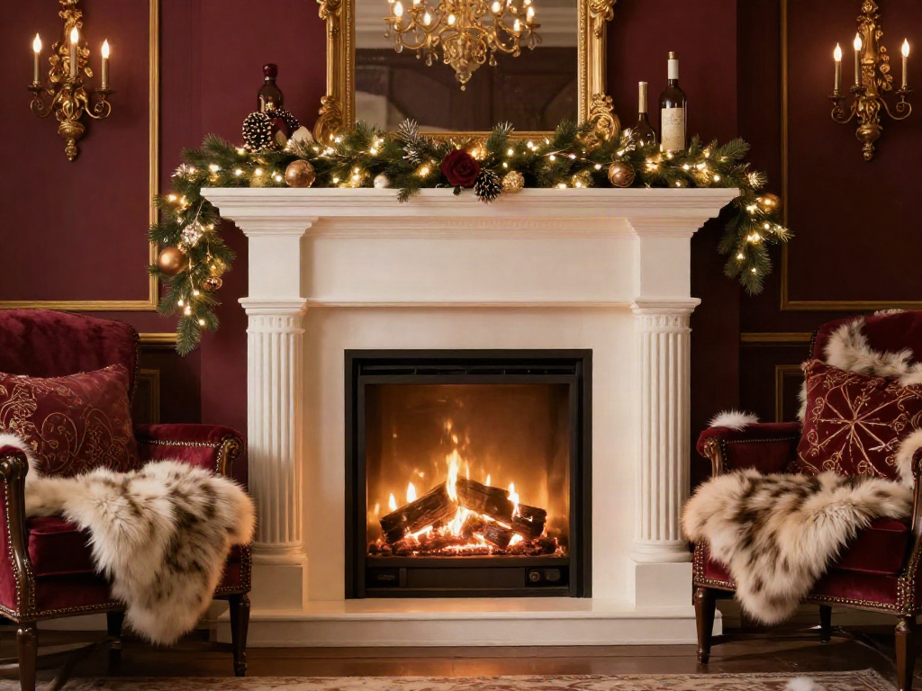 Winter home decor with cozy fireplace, holiday elegance, plush textures, warm lighting, faux fur throws, luxurious interior