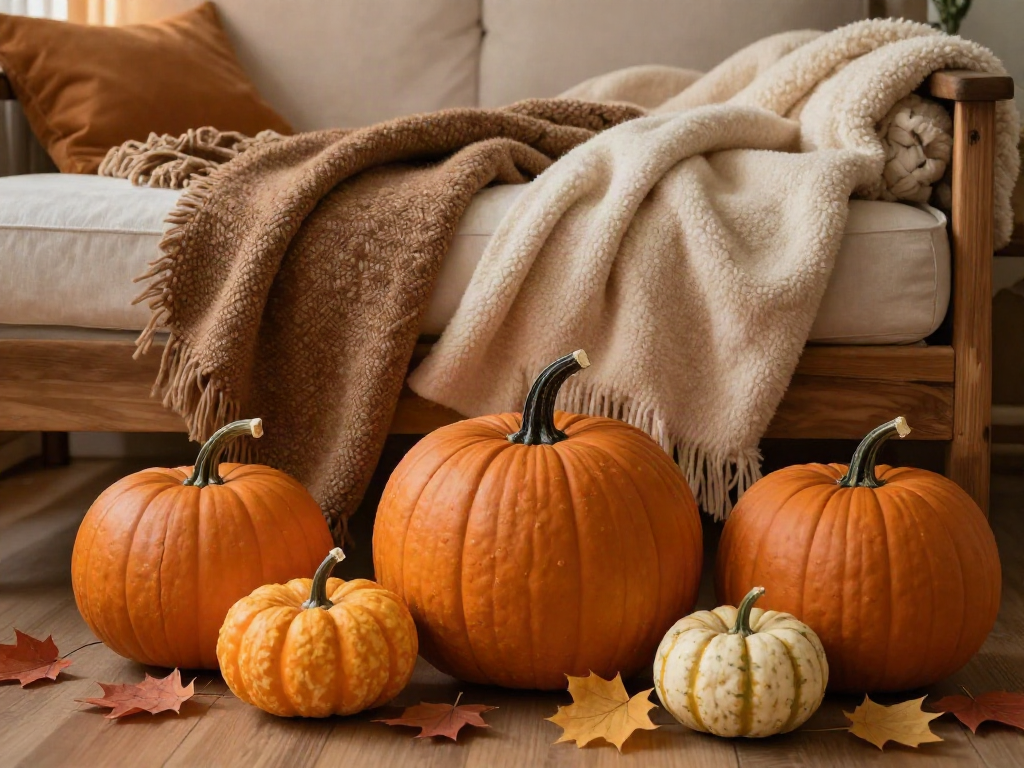 Autumn home decor with pumpkins, gourds, fall leaves, cozy warm lighting, plush throw blankets, and wood elements