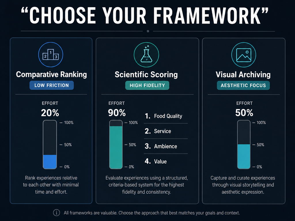 Comparison matrix of three food rating methods: Comparative Ranking, Scientific Scoring, and Visual Archiving with effort levels and key metrics.