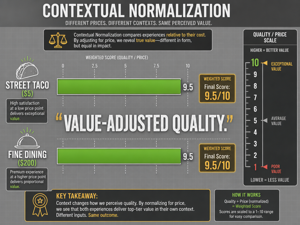 A horizontal bar chart showing how a $5 street taco and $200 fine dining meal can both achieve a 9.5 rating through contextual value normalization.