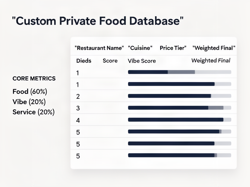 A DIY database schema for a food rating system showing columns for cuisine, price tier, dish scores, and a weighted final calculation with progress bars.