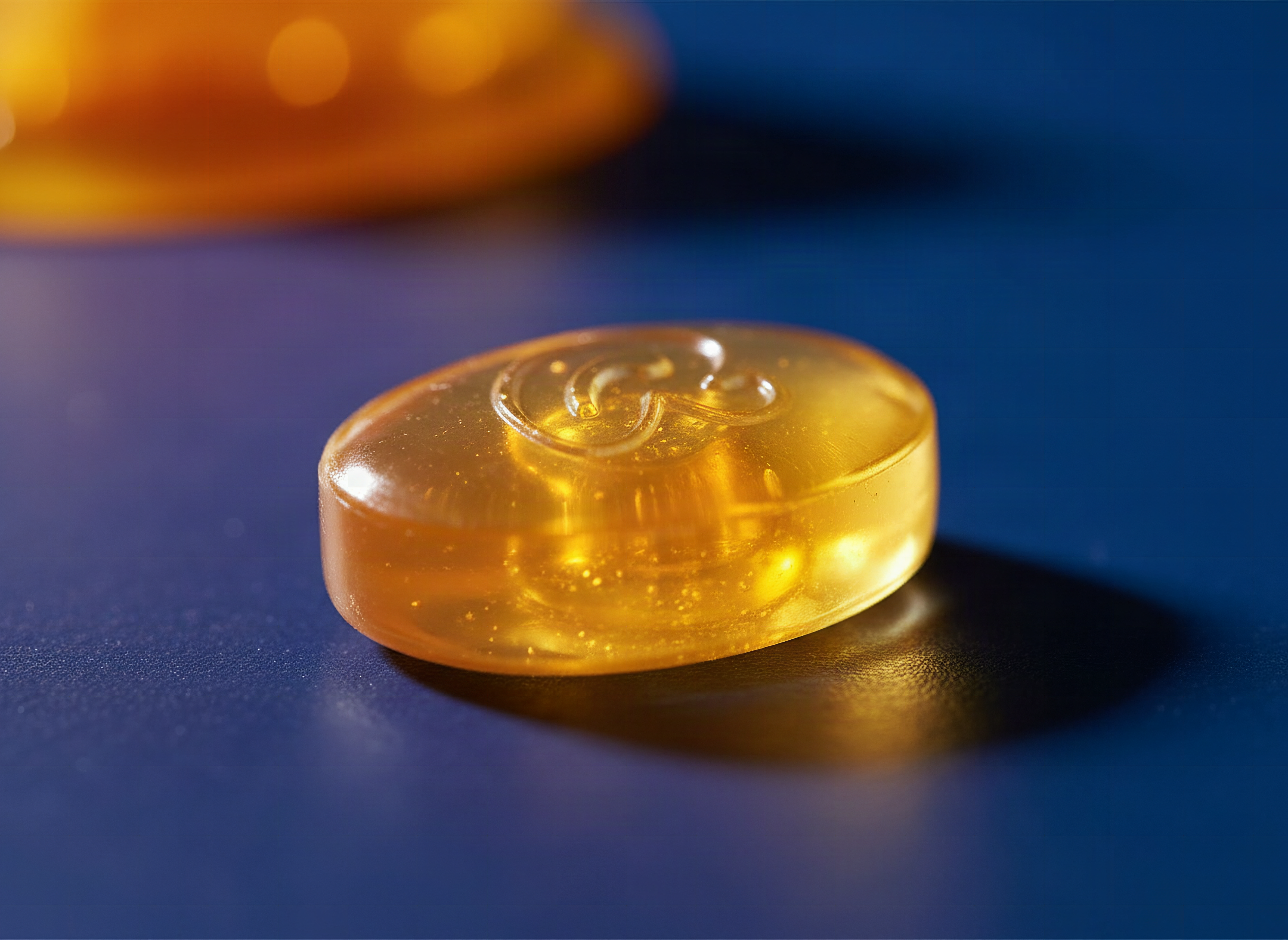 Macro close-up of Ricola Honey Lemon lozenge showing golden liquid center and translucent amber surface