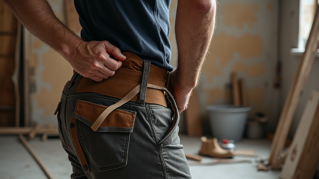 Trabajador ajustando cinturón lumbar de herramientas a la altura de la cadera