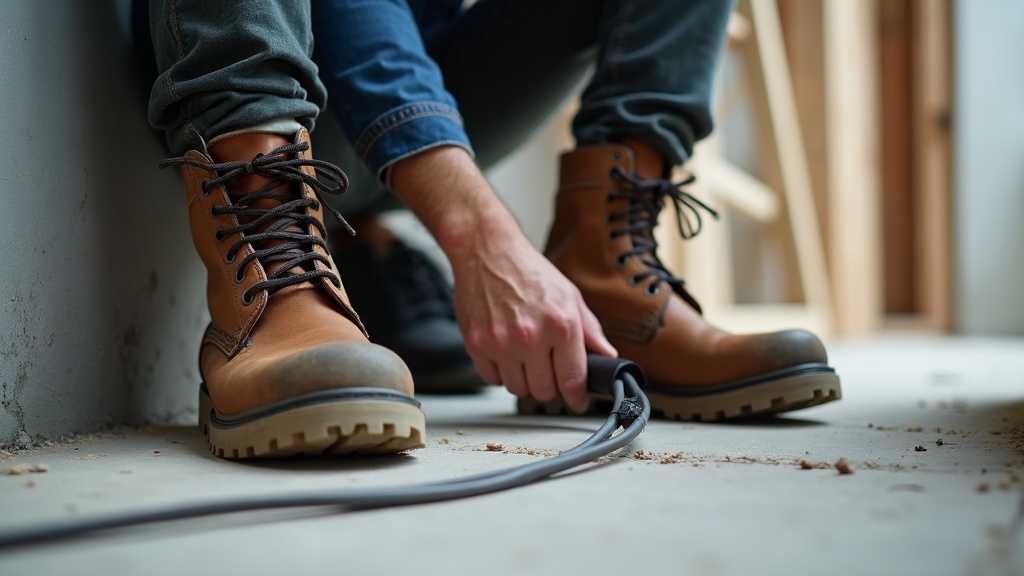 Electricista instalando cables con botas de protección dieléctrica