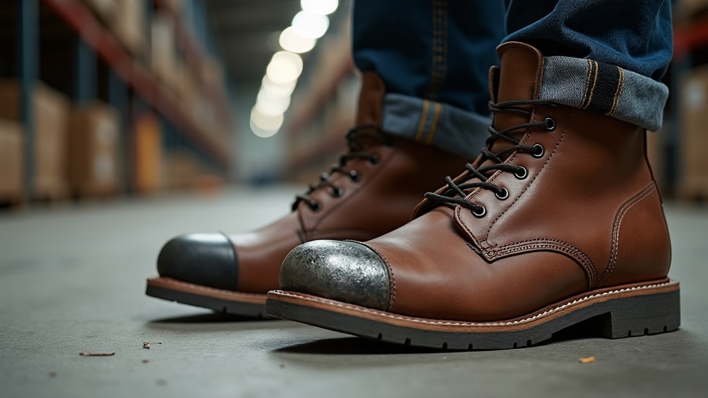 Botas de trabajo con puntera blanda y puntera de acero comparadas sobre suelo de almacén
