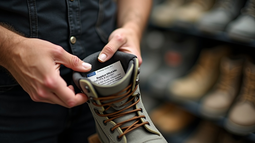 Trabajador revisando certificación ASTM en la etiqueta interior de una bota de seguridad