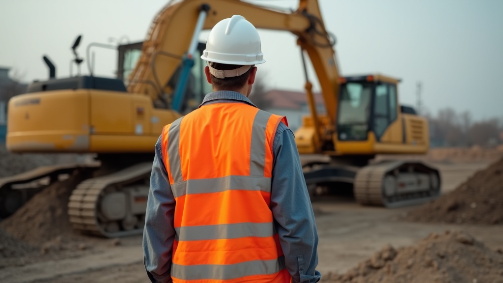 Ropa de alta visibilidad en obra de construcción con maquinaria pesada
