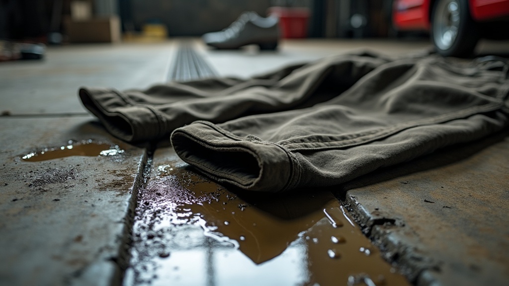Pantalón de trabajo con manchas de grasa y aceite antes del lavado