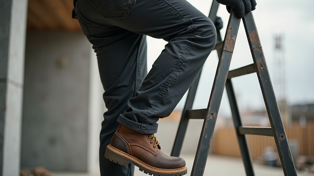 Electricista subiendo escalera con pantalón de trabajo ergonómico y rodilleras integradas