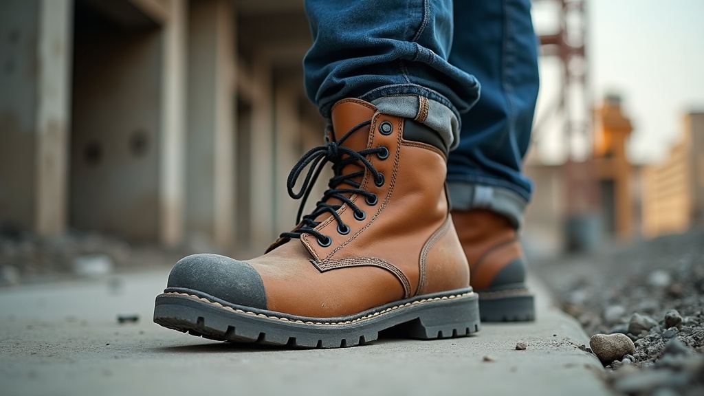 Pie con bota de trabajo de punta de acero en obra