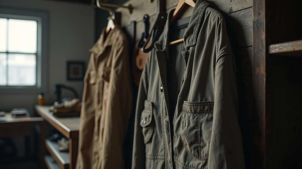 Ropa de trabajo industrial colgada en taller mecánico con manchas de grasa