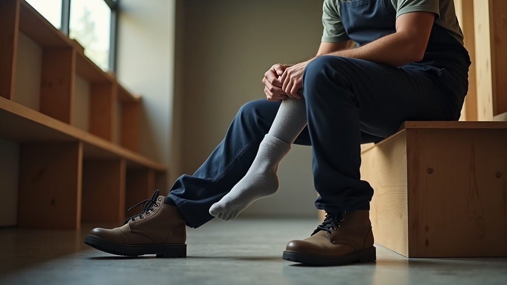Trabajador poniéndose calcetines de compresión antes de su jornada