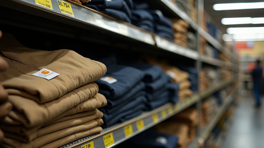 Estantes con ropa de trabajo Carhartt y Dickies en tienda de suministros para la construcción