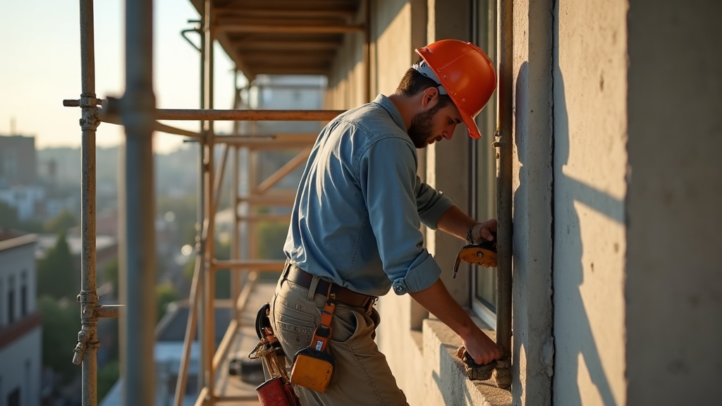 Trabajador de construcción con camisa de manga larga ajustando andamios en exterior