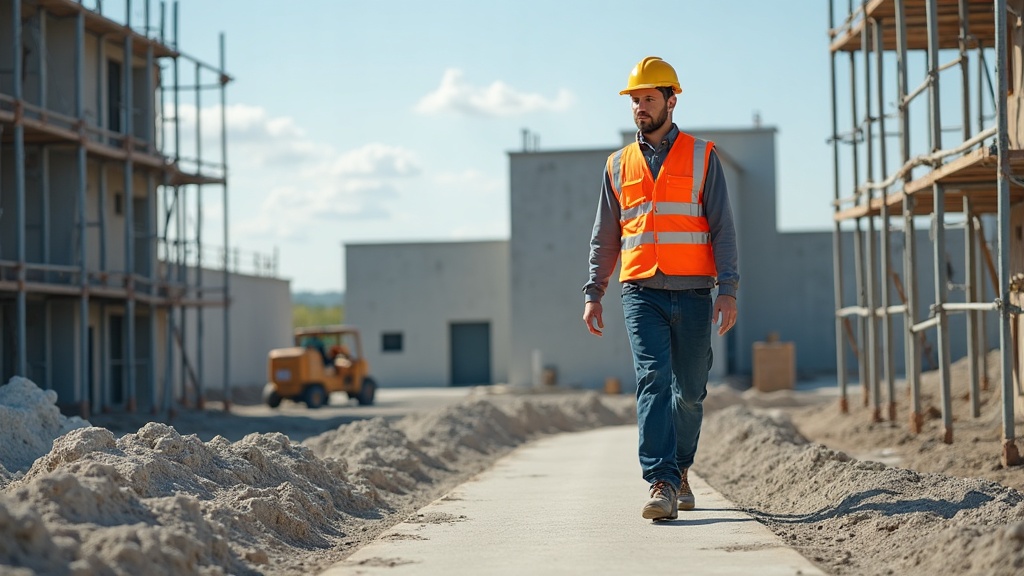 Trabajador de construcción con ropa de trabajo resistente en obra activa